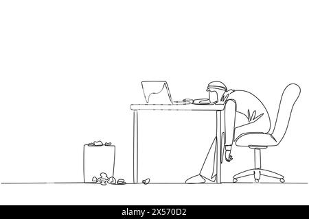 Continu une ligne dessinant homme d'affaires arabe assis dans la chaise de travail semblant fatigué. Courir après de nombreuses échéances. De nombreux rapports sont faux. Ne pas se concentrer sur l Illustration de Vecteur