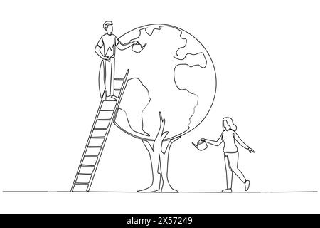 Continu une ligne dessinant un homme grimpe à une échelle arrosant un arbre dont les feuilles forment un globe. Travailler ensemble pour que la terre reste verte. Pas de polluti Illustration de Vecteur