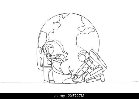 Simple une ligne dessinant petit astronaute debout arrosant les plantes. Une leçon spéciale pour aimer la terre. Enseignez dès le plus jeune âge. Cosmonaute sauve pla Illustration de Vecteur