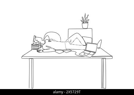 L'homme dessinant une seule ligne continue s'est endormi sur la table avec un oreiller d'une pile de papiers. Faire des heures supplémentaires les fins de semaine. Travaille dur. Fatigué. Besoin de RES Illustration de Vecteur