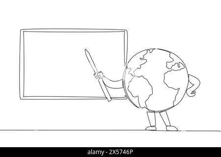 Globe de dessin d'une ligne unique tient un bâton tout en pointant vers le tableau noir. Expliquez l'annonce de protéger la terre du boa blanc Illustration de Vecteur