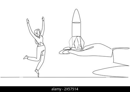Continu une ligne dessinant la femme d'affaires est heureux d'obtenir la fusée de la main géante. Obtenez une offre pour gérer la nouvelle entreprise qui ouvrira ainsi Illustration de Vecteur