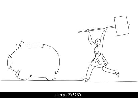 Simple une ligne dessinant une femme d'affaires arabe tenant un grand marteau poursuivant une grande tirelire en cours d'exécution. Besoin de plus d'argent. Creuser dans d'autres économies. Pr. Financier Illustration de Vecteur