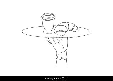 Une ligne continue dessinant le serveur tient un plateau de nourriture servant des croissants et une tasse à café en papier. Inclus dans la catégorie des gâteaux secs. PA français typique Illustration de Vecteur