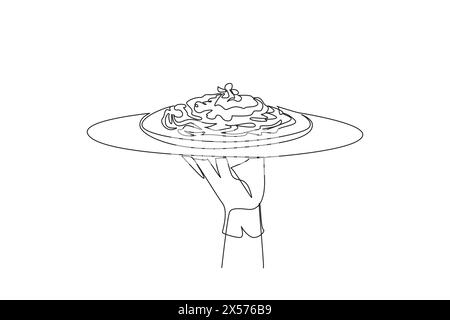 Une seule ligne continue dessinant le serveur tient un plateau de nourriture servant des spaghettis. Un type de pâtes longues, minces et ressemblant à des nouilles. Itali typique Illustration de Vecteur