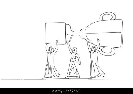 Un seul groupe de dessin d'une ligne d'hommes d'affaires arabes et de femmes d'affaires arabes travaillent ensemble porter le trophée. Très solide. Les gens d'affaires fiables obtiennent rewa Illustration de Vecteur