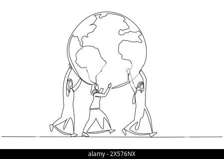 Un seul groupe de dessin d'une ligne d'hommes d'affaires arabes et de femmes d'affaires arabes travaillant ensemble pour porter le globe. Travaillez dur ensemble. Dominer le marché. GLO Illustration de Vecteur
