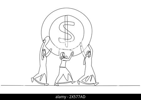 Un groupe de dessin de ligne continue unique d'hommes d'affaires arabes et de femmes d'affaires arabes travaillent ensemble portent une pièce de symbole dollar. Petit capital pour grand prof Illustration de Vecteur