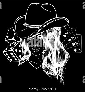 Silhouette blanche de femme de beauté tenant des cartes sur fond noir. Illustration de dessin animé plat vectoriel de casino Illustration de Vecteur