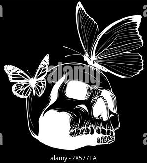 Silhouette blanche de crâne avec des papillons sur fond noir. Conception d'illustration vectorielle Illustration de Vecteur