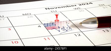 L’élection présidentielle AMÉRICAINE aura lieu le 5 novembre 2024. Un calendrier avec une épingle, un drapeau anus et le texte 'vote!' Le 5 novembre. Une lyine de stylo Banque D'Images