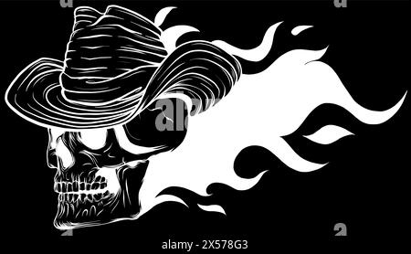Silhouette blanche de Skull Cowboy sur fond noir Illustration de Vecteur