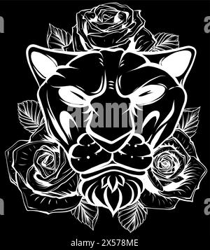 Silhouette blanche de Lion avec des roses et des feuilles illustration sur fond noir Illustration de Vecteur