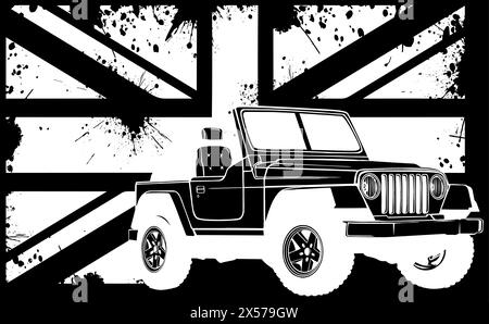 Silhouette blanche de Jeep avec drapeau de londres sur fond noir illustration plate vectorielle Illustration de Vecteur