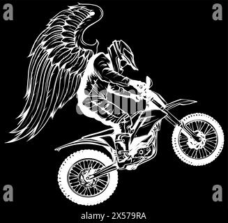 Silhouette blanche de Motocross avec des ailes sur l'illustration vectorielle de fond noir Illustration de Vecteur