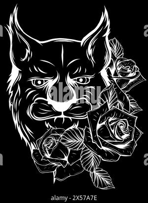 Silhouette blanche de Lion avec des roses et des feuilles sur fond noir. Illustration de Vecteur