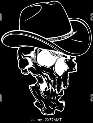 Silhouette blanche de Skull Cowboy sur fond noir. dessin numérique à la main Illustration de Vecteur