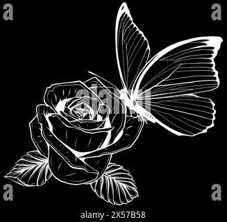 silhouette blanche de papillon sur rose isolé sur fond noir Illustration de Vecteur