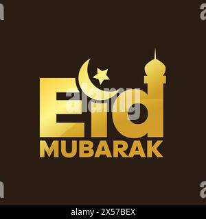 Eid Moubarak typographie dorée logo moderne sur fond noir. Eid ul Fitr et Eid al Adha célébrant carte de voeux, modèle, affiche, bannière. Illustration de Vecteur