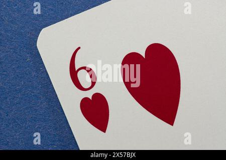 Le six de cœur sur fond bleu Banque D'Images