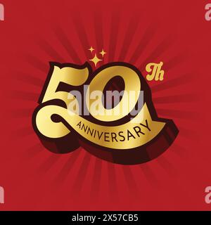 Logo 50e anniversaire de couleur or pour célébrer l'anniversaire de l'entreprise ou de la personne de 50 ans. Logo de luxe anniversaire de cinquante ans sur fond de couleur rouge. 50th Illustration de Vecteur