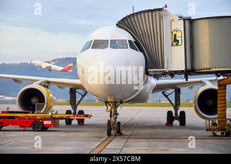 Avion sur le doigt, l'aéroport de Bilbao, Loiu, Biscaye, Pays Basque, Espagne Banque D'Images