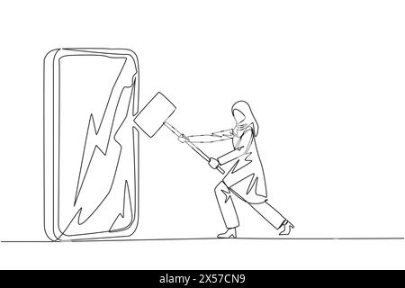 Simple ligne continue dessinant femme d'affaires arabe se préparant à frapper le grand smartphone. La technologie peut être destructrice si elle n'est pas utilisée correctement. Intelligence Illustration de Vecteur