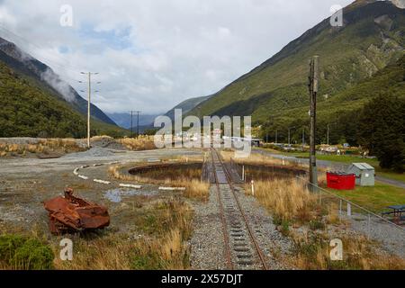 Paysage avec de vieux rails, Arthur's Pass Nouvelle-Zélande Banque D'Images