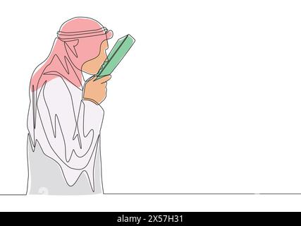 Un dessin d'une seule ligne de jeune musulman embrassant le Coran dans un tissu arabe traditionnel shmag. Journée sainte islamique Eid Mubarak carte de voeux concept conti Illustration de Vecteur