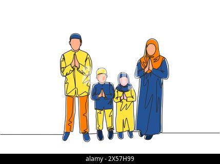 EID Mubarak carte de voeux, poster et bannière conception fond. Dessin d'une seule ligne continue de la famille arabe musulmane - mère, père et deux enfants. EID A Illustration de Vecteur