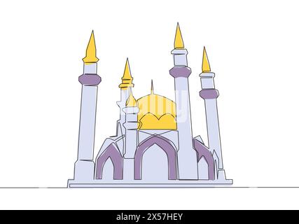 Un seul dessin de ligne de la mosquée historique de dôme ou masjid. Lieu Saint de prière pour l'Islam concept de personnes ligne continue dessiner vecteur de conception Illustration de Vecteur