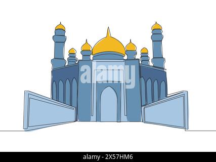 Un seul dessin de ligne du monument historique islamique masjid ou mosquée. Lieu Saint à la prière pour l'Islam concept de personnes ligne continue dessiner desig Illustration de Vecteur