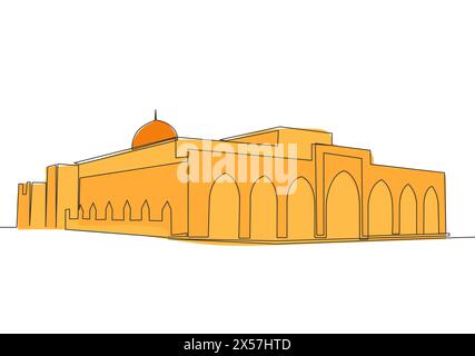 Un seul dessin de ligne du monument historique islamique masjid ou de la mosquée Jami Al Aqsa. Lieu Saint de prière pour l'Islam concept de personnes ligne continue dr Illustration de Vecteur