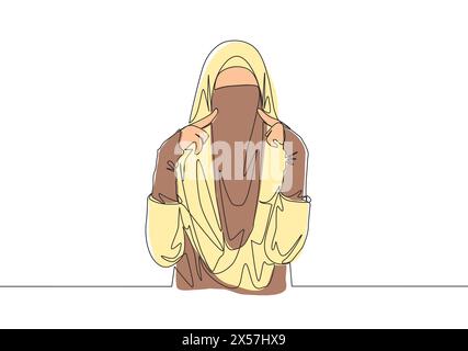 Dessin en ligne continue unique de jeune mignonne muslimah asiatique portant de la burqa tout en touchant ses joues. Beauté traditionnelle femme musulmane niqab avec hijab Illustration de Vecteur