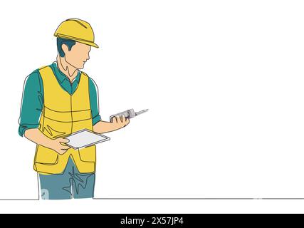 Un dessin au trait continu d'un jeune beau contremaître tenant une tablette et un talkie-walkie. Concept de service de rénovation domiciliaire ligne simple dessiner conception illust Illustration de Vecteur