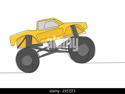 Dessin à une ligne de voiture de camion monstre de direction 4x4 pour la compétition et le tournoi. Concept de transport de véhicule tout-terrain aventure. Une suite Illustration de Vecteur