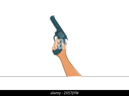 Dessin d'un homme tenant une arme de poing revolver. Concept d'arme de défense. Illustration de conception vectorielle de dessin d'une ligne Illustration de Vecteur