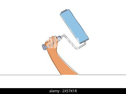 Dessin au trait continu d'un homme tenant un peintre à rouleaux. Concept d'outils bricoleurs. Illustration de conception vectorielle de dessin d'une ligne Illustration de Vecteur