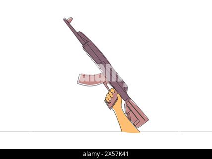 Un dessin au trait continu d'un homme tenant un fusil d'assaut automatique. Concept d'arme de défense. Illustration de conception vectorielle de dessin de ligne unique Illustration de Vecteur