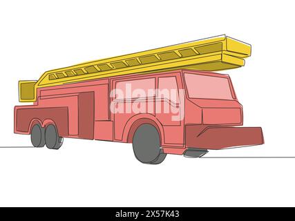 Un dessin au trait d'un camion de pompier avec tuyau et échelle. Concept de transport de véhicules de service de sécurité publique. Dessin de ligne continue unique Illustration de Vecteur