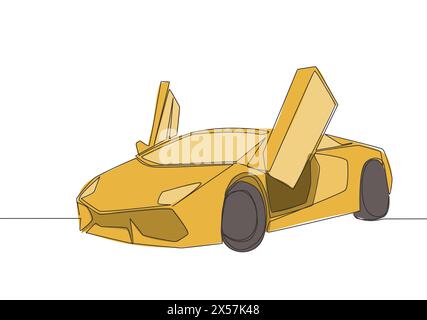 Dessin d'une ligne de voiture de sport de luxe avec porte papillon ouverte. Concept de transport de véhicule de super voiture. Dessin de ligne continue unique Illustration de Vecteur