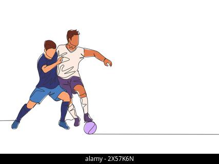 Un dessin en ligne continue de deux jeunes joueurs de football énergiques se battant pour le ballon au match. Concept de sport de match de football. Dessin d'une seule ligne de Illustration de Vecteur