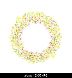 Couronne de fleurs - petite illustration aquarelle de cadre rose et jaune. Prairie d'été avec imprimé fleuri et fleurs sauvages. Isolé de l'arrière-plan. F Banque D'Images