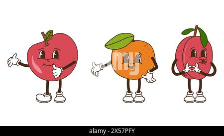 Fruits et baies dans un ensemble de style groovy. Mandarine de pomme et prune. Personnages rétro tendance, mascotte comique. Affiche de bannière de conception. Y2K hippie 70s, 80s. Illustration vectorielle. Illustration de Vecteur