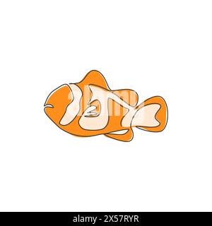Un dessin en ligne continue d'adorable poisson clown pour l'identité de logo d'aquarium d'eau de mer. Concept de mascotte anemonefish dépouillée pour icône de spectacle aquatique. Mo Illustration de Vecteur