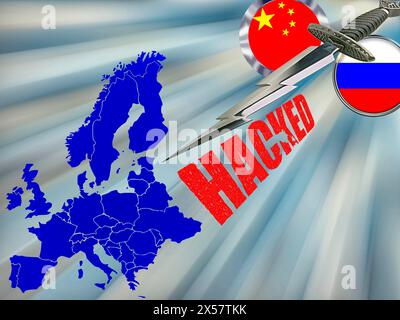 Image symbolique, cyberguerre Russie Chine, cybersécurité, cyberattaques dans le monde entier, criminalité informatique, attaques informatiques numériques, économie, économie de l'énergie, nucléaire Banque D'Images