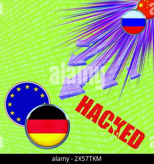 Image symbolique, cyberguerre Russie Chine, cybersécurité, cyberattaques dans le monde entier, criminalité informatique, attaques informatiques numériques, économie, économie de l'énergie, nucléaire Banque D'Images