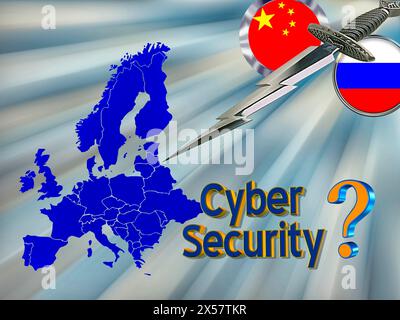 Image symbolique, cyberguerre Russie Chine, cybersécurité, cyberattaques dans le monde entier, criminalité informatique, attaques informatiques numériques, économie, économie de l'énergie, nucléaire Banque D'Images