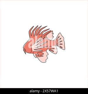 Un dessin d'une seule ligne de poisson-lion terrifiant pour l'identité du logo de l'entreprise. Concept de mascotte de créature de poisson sous-marin pour l'icône d'exposition mondiale de la mer. Moderne, suite Illustration de Vecteur