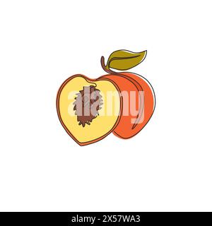 Une seule ligne dessinant la pêche biologique saine entière et tranchée pour l'identité du logo du verger. Concept de fruitage frais pour icône de jardin de fruits. Continue moderne Illustration de Vecteur